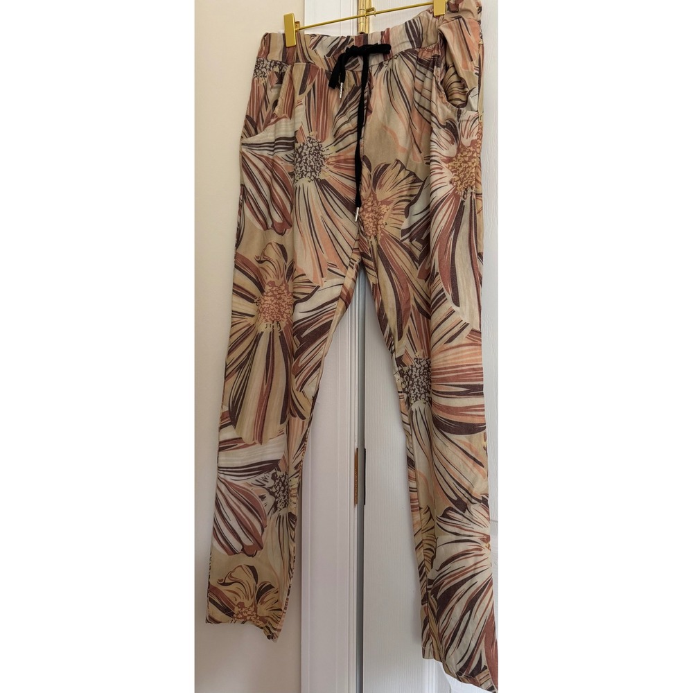 Tina Stephens Made in Italy Floral Drawstring Pants Tan Brown Straight Leg S‎